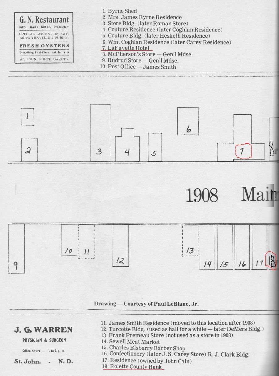 Diagram of St John ND Main Street circa 1908 – left
